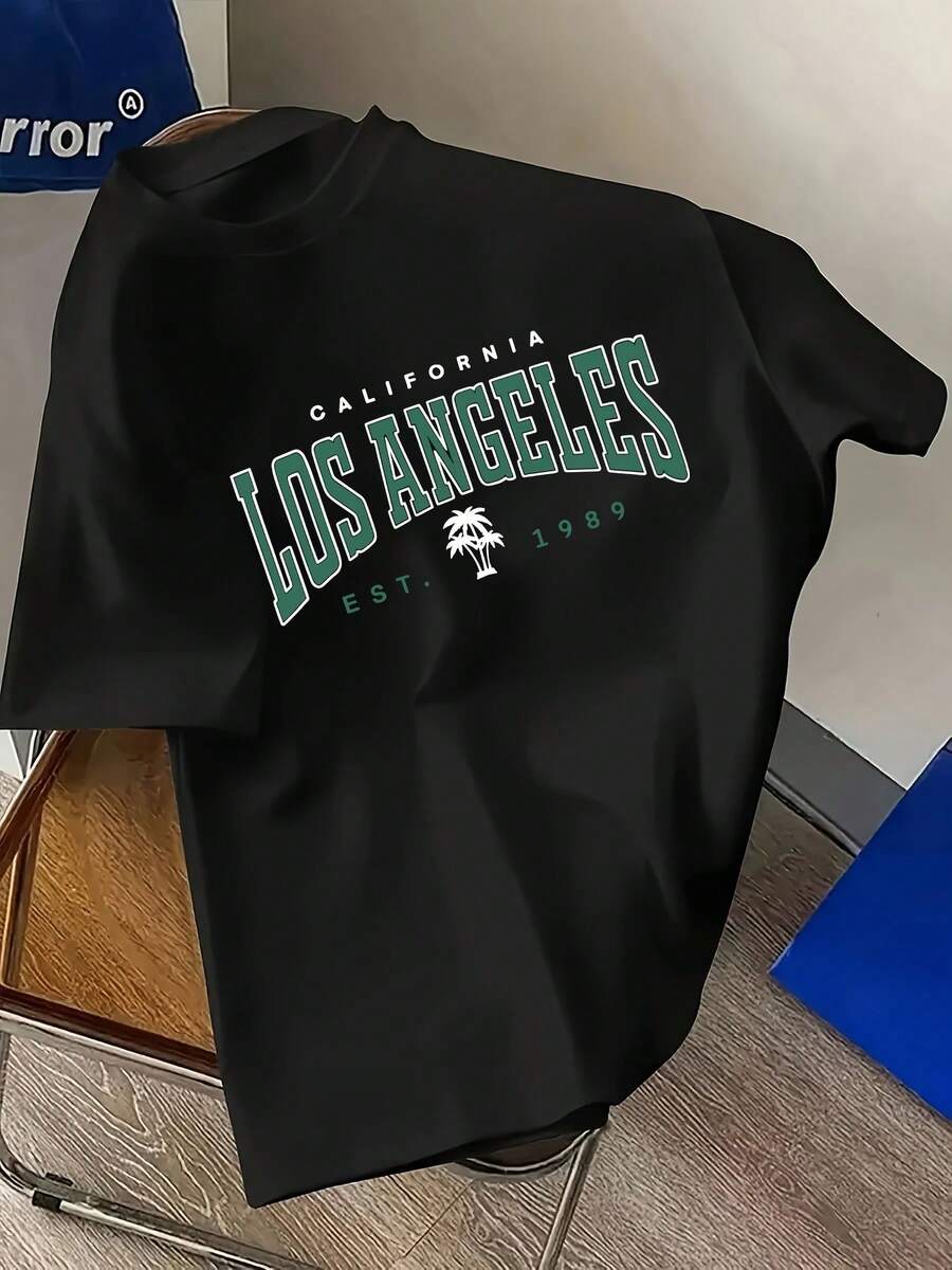 Camiseta blanca de moda para hombre con estampado de letras de Los Ángeles, casual, versátil, cómoda y ligera, ideal para deportes diarios y vacaciones, conjunto de moda - Negro - Ver 1