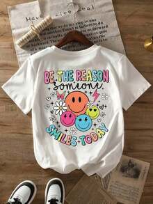 Women's Casual T-Shirt For Spring, Summer And Autumn, Round Neck With Dropped Shoulders, Comfortable And Loose Fit, Printed With The Words "SMILES TODAY", White T-Shirt, New Summer T-Shirt, Printed Short Sleeve Casual T-Shirt. - 白色 - 查看 1