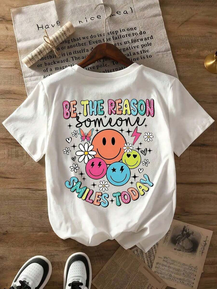 Women's Casual T-Shirt For Spring, Summer And Autumn, Round Neck With Dropped Shoulders, Comfortable And Loose Fit, Printed With The Words "SMILES TODAY", White T-Shirt, New Summer T-Shirt, Printed Short Sleeve Casual T-Shirt. - 白色 - 查看 1