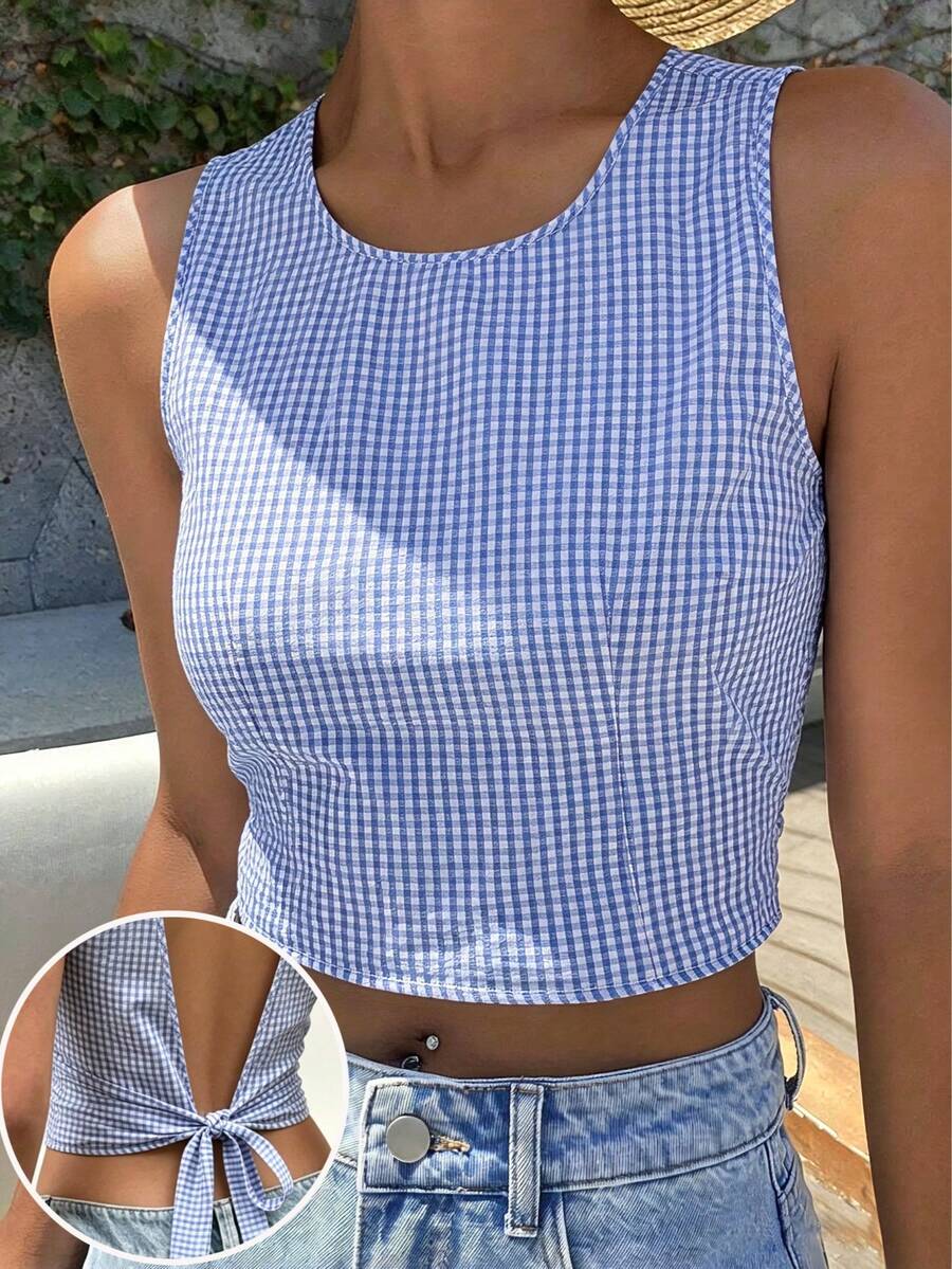 Áo croptop không tay cổ tròn kẻ caro xanh trắng dành cho nữ, thiết kế buộc dây phía sau, áo tank top mùa hè thoải mái, mặc hàng ngày, quà tặng cho bạn gái/vợ, quà kỷ niệm. - Màu xanh lam - Xem 1