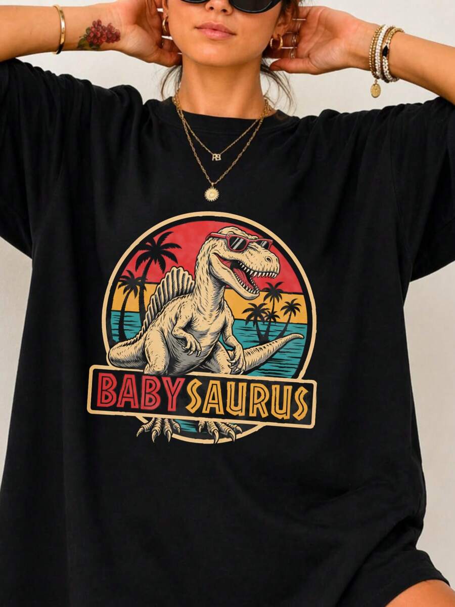 1 Unisex 180g T-Shirt, Round Neck, Loose Fit, With Retro Print Of Dinosaurs And Sunset Palm Trees, Y2K Style Inspired By And, 100% Cotton, Versatile For Summer, Festivals And Streetwear. - 黑色4 - 查看 1