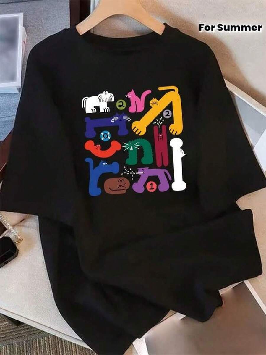 2026 Camiseta de algodón 100% para mujeres, manga corta, diseño único, impresa, nuevo estilo de verano, media manga suelta, top adelgazante para estudiantes, envío nacional para mujeres, blusas de mujer, manga larga 1pc 180g Unisex Loose Crewneck T-Shirt - Negro - Ver 1