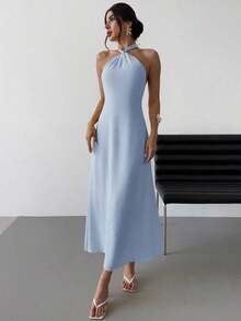 Vestido largo suelto sin mangas y sin espalda, elegante para vacaciones y fiestas, romántico y de moda para el verano, la playa - Celeste - Ver 8