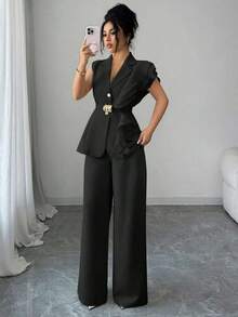Elenzya Traje formal elegante de mujer color albaricoque, conjunto de blazer con cuello de volantes de organza con lentejuelas y cintura con lazo, que incluye chaqueta sin mangas y pantalones rectos, color burdeos, adecuado para Halloween, Navidad, Año Nuevo, ceremonia de graduación, boda y otras ocasiones. - Negro - Ver 7