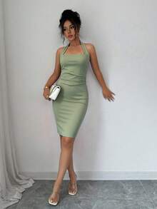 Vestido de verano para mujer, vestido elegante y ajustado de unicolor con cuello halter, atuendos de verano, vestido mini romántico para el Día de San Valentín/fiesta, vacaciones en la playa - verde menta - Ver 3