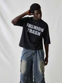 SWAVVY Men's Knit T-Shirt, Casual Style, Loose Fit, Short Sleeve, With English Letter Print, For Summer. - 黑色 2 - 查看 5