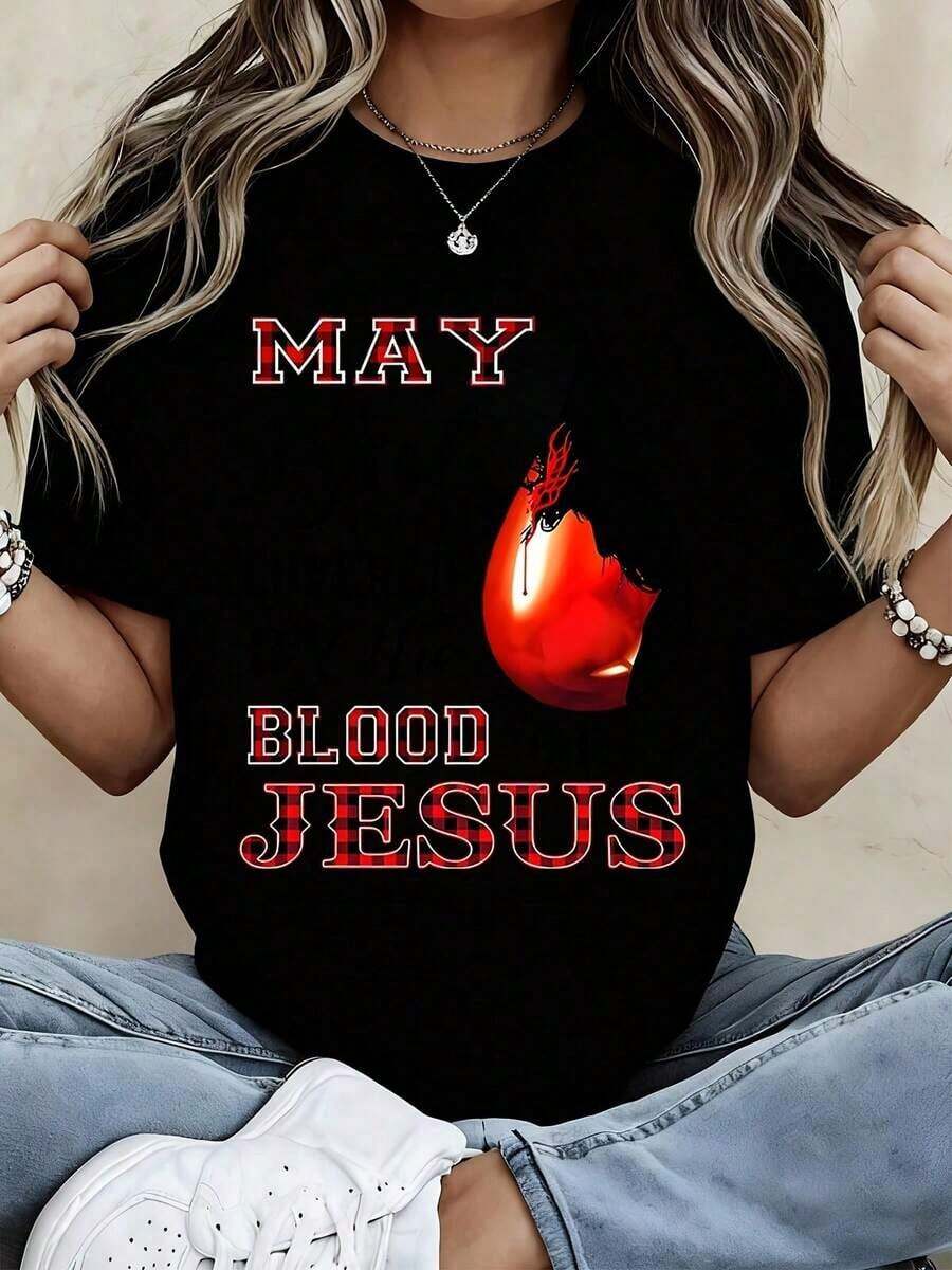 Soft 100% Cotton Women's T-Shirt, Crew Neck, With "May Girl I Am Covered By The Blood Of Jesus" Print, Short Sleeves, Christian Statement Top For Casual Wear And Religious Events. Breathable Cotton T-Shirt, Goes With Everything, Great. - 黑色 - 查看 1