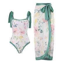 Women's One-Piece Swimsuit, Sexy Bikini With Long Lace-Up Skirt, Three-Piece Set. - 粉紅花系列 - 查看 1