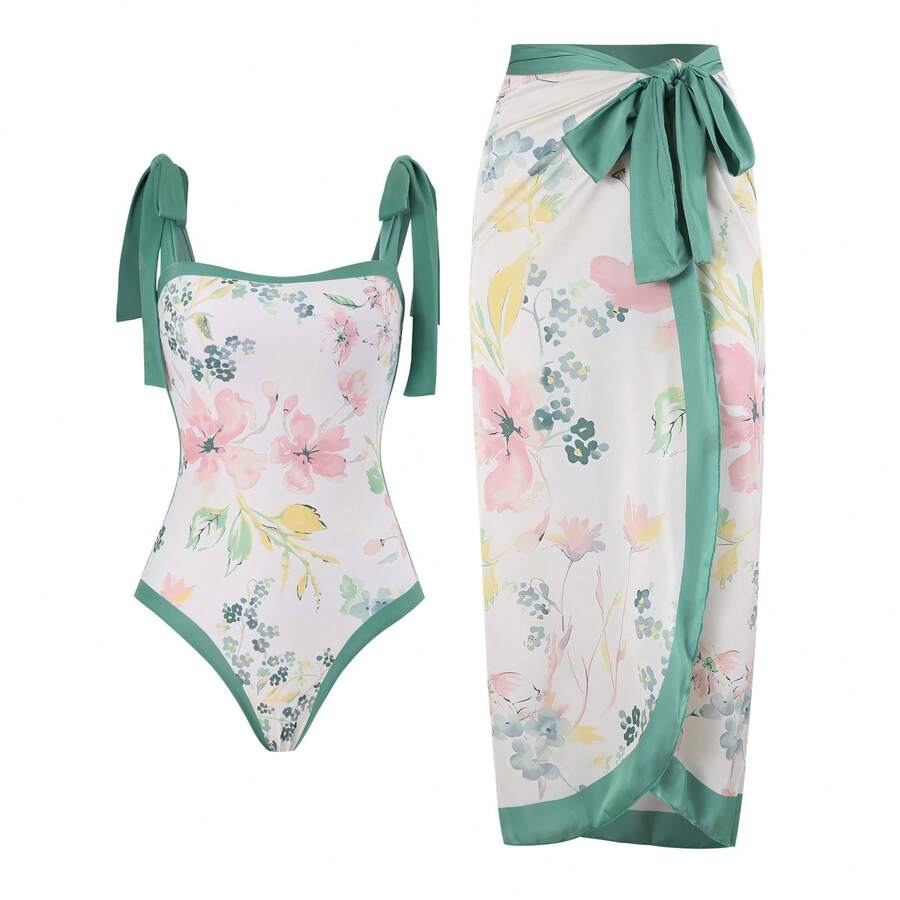 Women's One-Piece Swimsuit, Sexy Bikini With Long Lace-Up Skirt, Three-Piece Set. - 粉紅花系列 - 查看 1