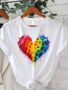 Plus Size Crew Neck T-Shirt With Colorful Rainbow Print And Paw Print, Plus Size Shirt For Pet Lovers - Casual Short Top Summer/Spring Women's Clothing Mother's Day / Memorial Day Juneteenth 0XL-4XL Save Now! - 白色 - 查看 6