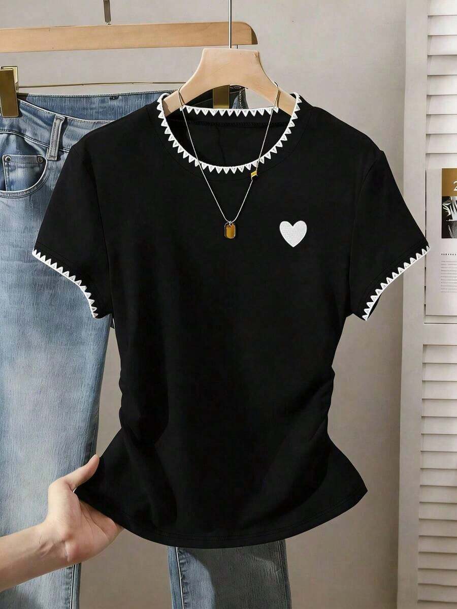 Camiseta de manga corta casual y sencilla para mujer, para uso diario - Negro - Ver 1