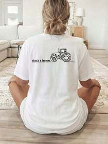 Camiseta de manga corta con cuello redondo para mujer, ideal para vacaciones de verano, con un estampado de tractor y el texto "Gracias a un agricultor". Lavable a máquina, adecuado para uso casual, ropa multiusos, moderna y tipo camiseta, material cómodo, 100% algodón. - Blanco - Ver 2