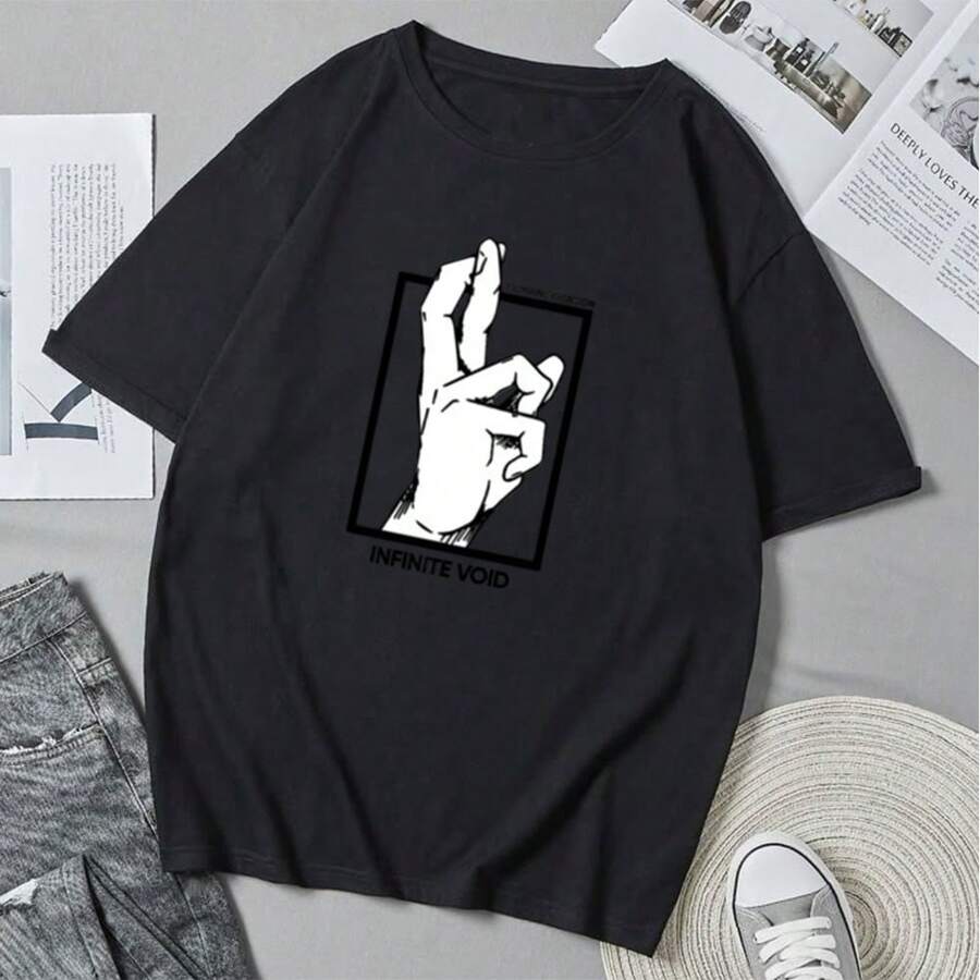 Camiseta unisex divertida con estampado de dibujos animados de anime y cuello redondo, estilo casual de verano. - Negro - Ver 1