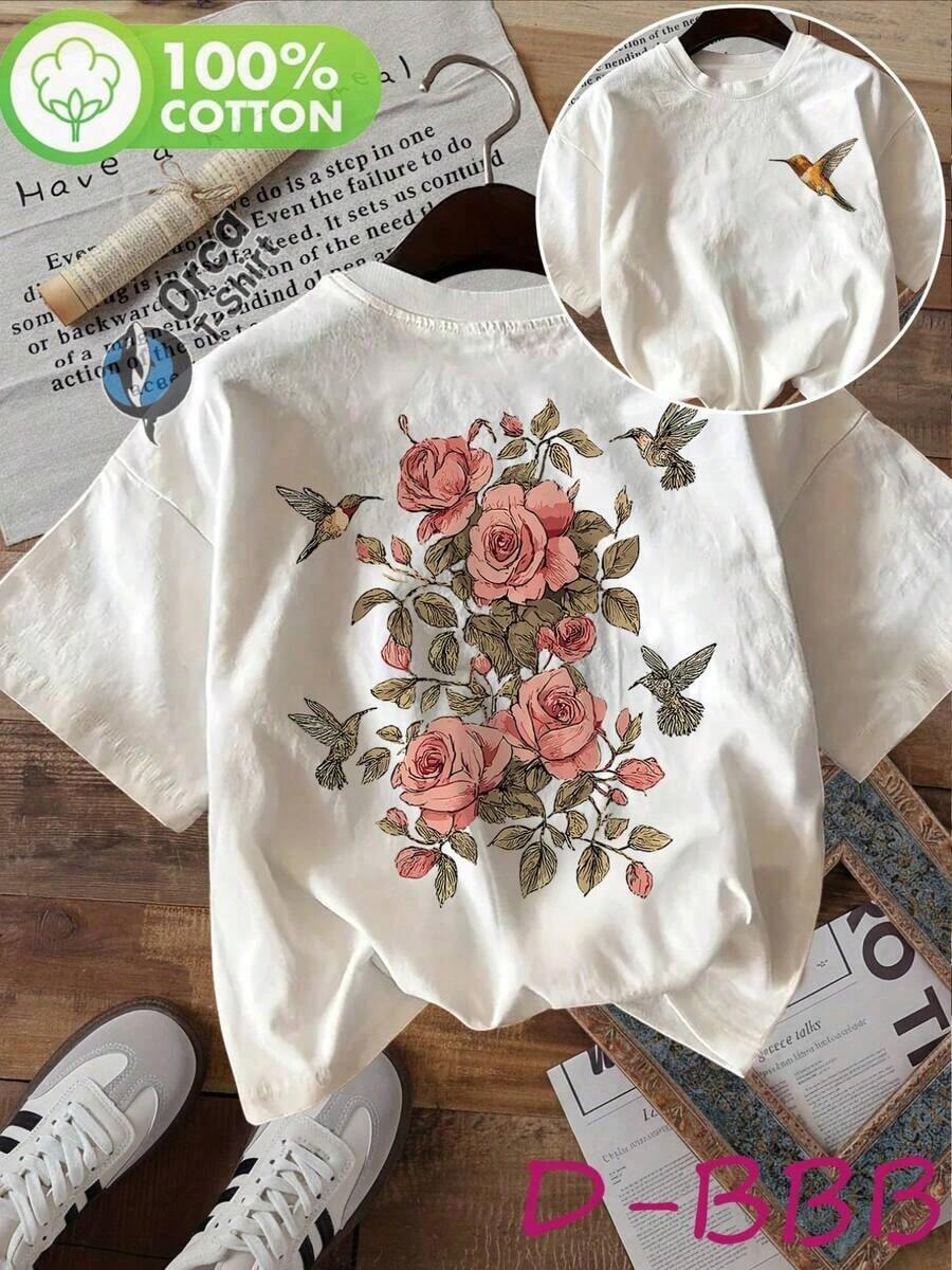 Women's Outfits 2026 Pure Cotton Short-Sleeved Round Neck T-Shirt, Double-Sided Printed With Vintage Floral Design Of Roses And Hummingbirds, Cool Style Women's T-Shirts - 白色 - 查看 1