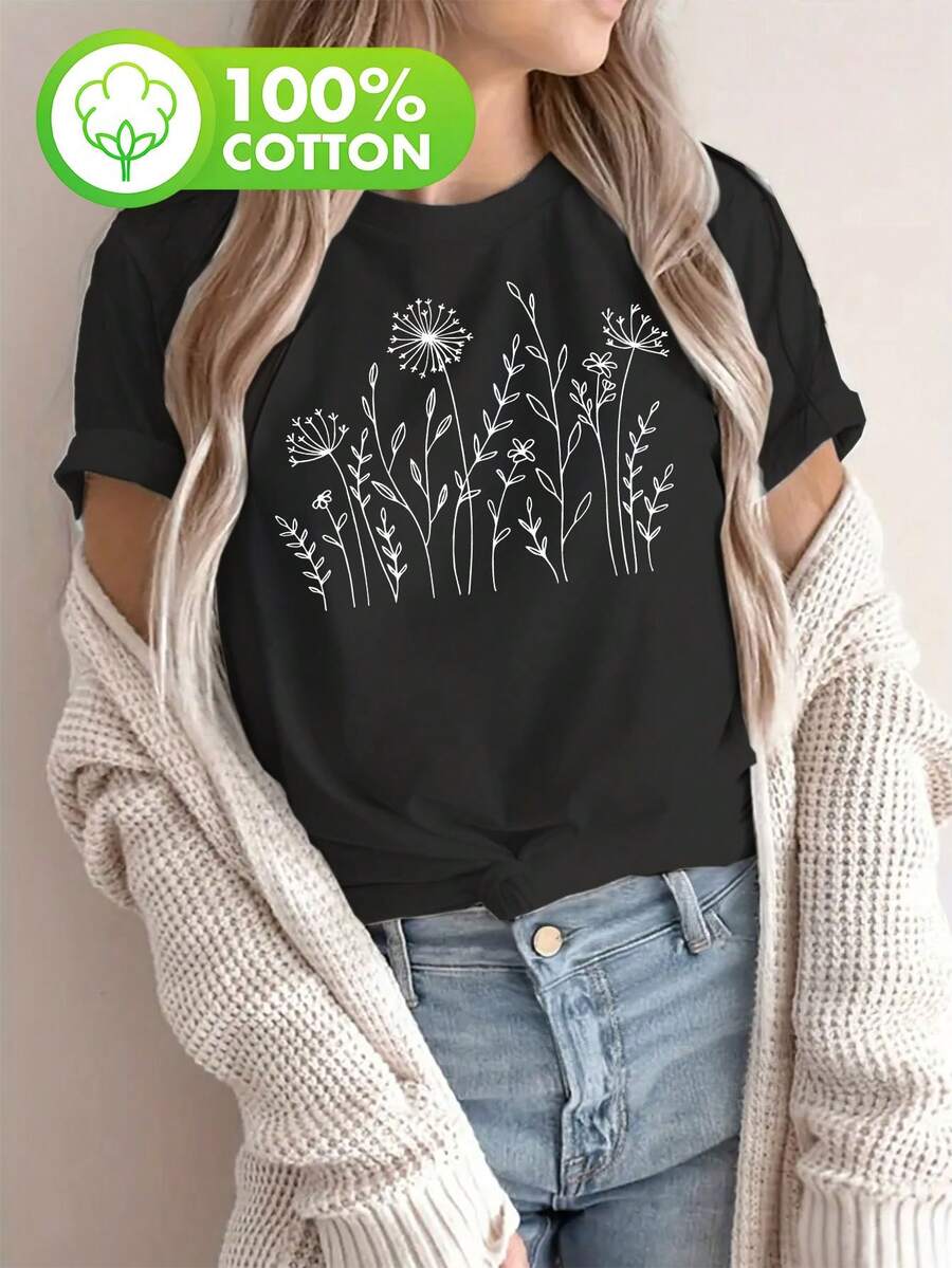 Talla Grande - Talla Grande - Camiseta Casual de Manga Corta con Cuello Redondo y Estampado Floral para Mujer - Negro - Ver 1