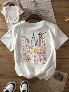 Camiseta con estampado de escenas callejeras de Nueva York, top casual de manga corta y cuello redondo, adecuada para primavera y verano, ropa de mujer. - Blanco - Ver 8