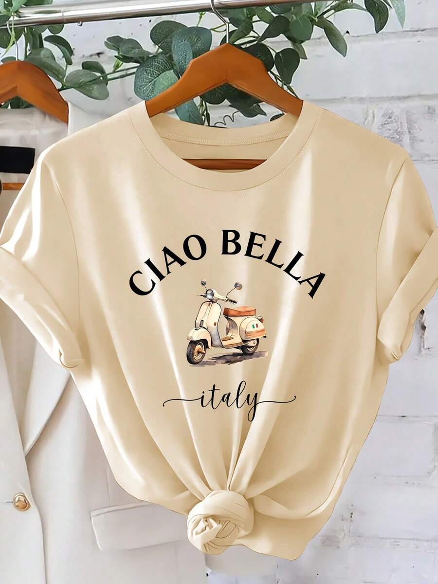 CIAO BELLA Women's Italian Motorcycle Print T-Shirt - Short Sleeve Italian Scooter Blouse, Round Neck And Breathable, Ideal For Spring And Summer, Casual Wear, Commuting And Layering, Machine Washable - Apricot - View 1