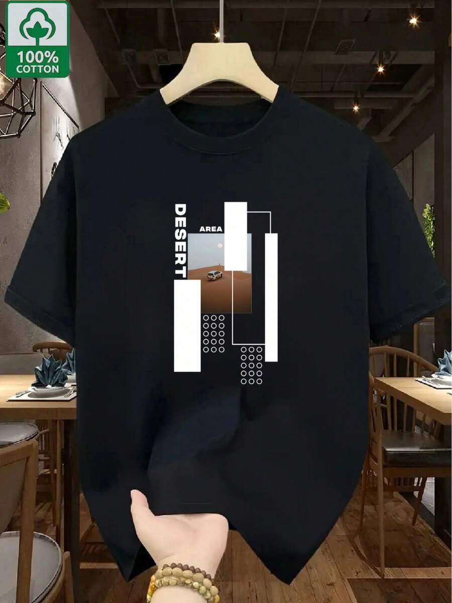Men's Short-Sleeved T-Shirt, 100% Cotton, With Geometric Print Design, Comfortable And Breathable For Relaxing, High Quality With Heavy-Duty Triple-Needle Stitching. - Black - View 1