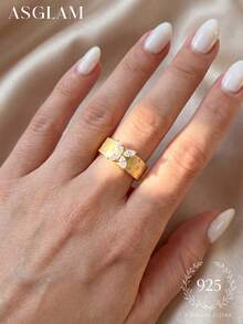 1pc Elegant & Fashionable Gold-Tone & White Cubic Zirconia 925 Sterling Silver Ring, Suitable For Anniversary/Birthday Gift - Gold - View 5