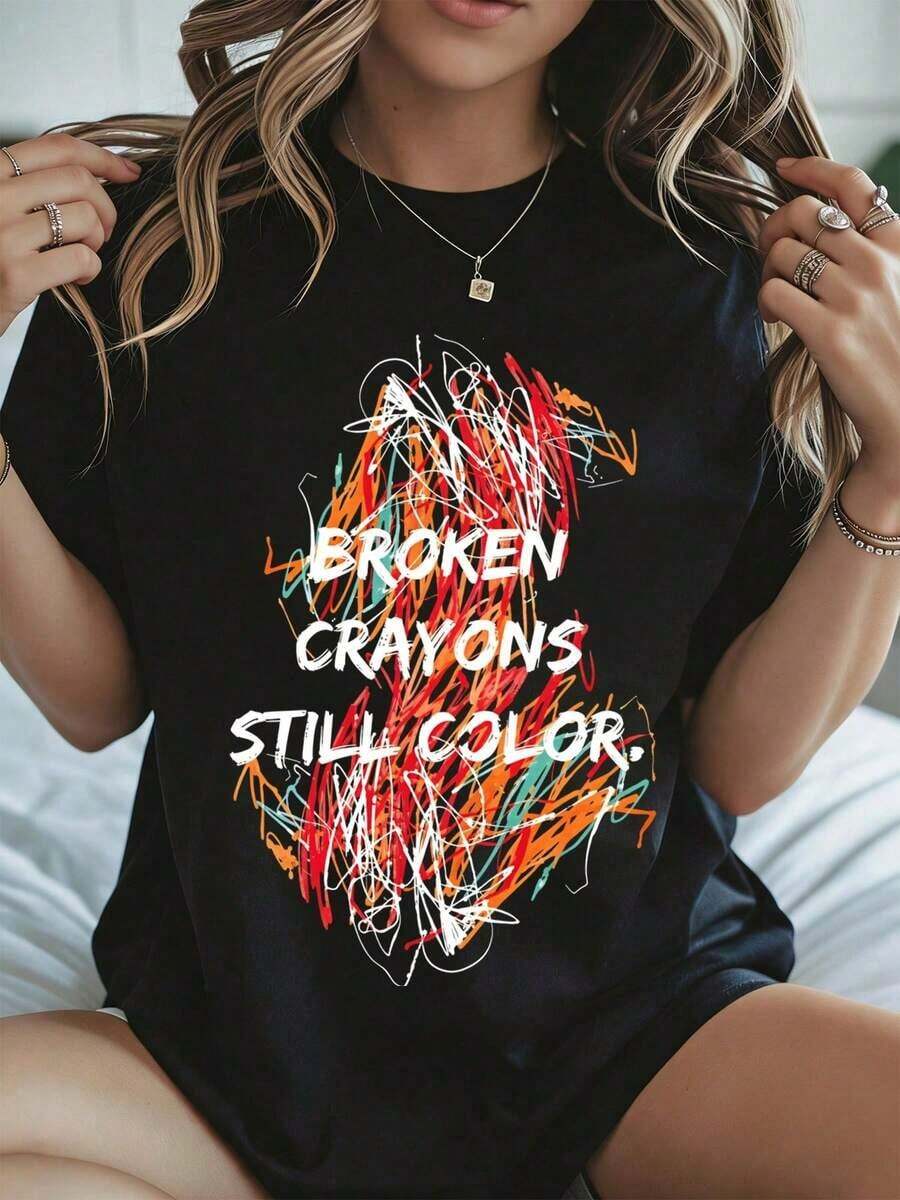 Elegant And Casual, Women's Short-Sleeved T-Shirt, Round Neck, Broken Crayon Graphic Print In Solid Colors, White Casual Everyday Wear, Spring And Summer Fashion. - 黑色 - 查看 1
