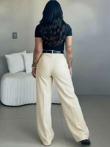 Pantalones anchos de cintura alta y ajuste ceñido en color café, estilo callejero bohemio, adecuados para uso casual, ir al trabajo y vacaciones en primavera/verano - Albaricoque 3 - Ver 5