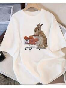 Women's White T-Shirt - Fun T-Shirt For Women | Rabbit With Stroller And Carrots Design | Warm And Contrasting Colors On A Light Background | HD Thermal Printing, Crisp Details | Casual Short Sleeve T-Shirt For Going Out, For Women - 白色 - 查看 7