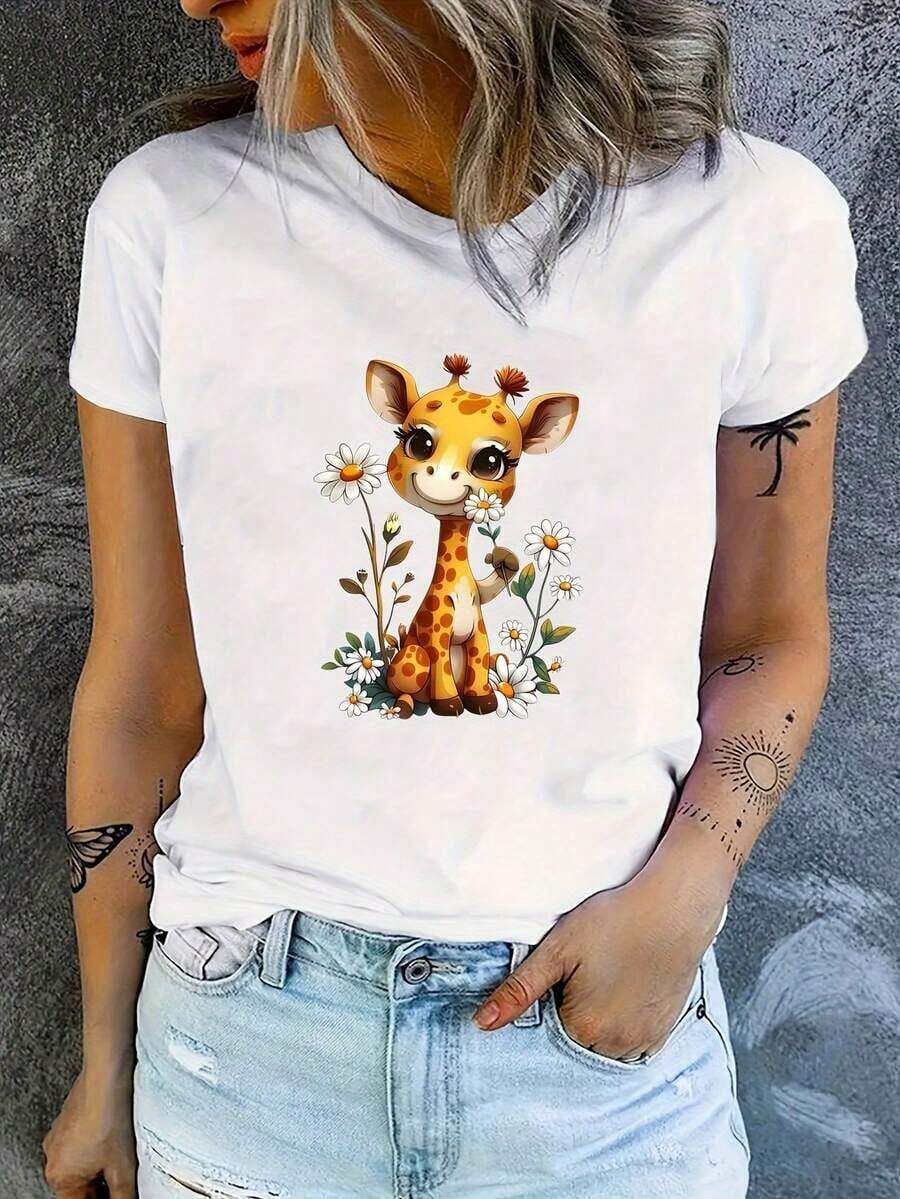 Camiseta de manga corta con estampado de jirafa, top casual de cuello redondo para primavera y verano, ropa de mujer - Estilo vintage urbano, camiseta unisex de algodón suelto de manga corta con cuello redondo, blusas para mujer. blusas.blusas casuales para dama. - Blanco - Ver 1