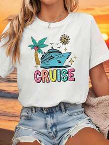 1 pieza clásica y versátil, camiseta de manga corta de algodón puro, adecuada para usar en todas las estaciones, con un dise?o lúdico y juvenil ideal para vacaciones en crucero femenino, estilo moderno. - Blanco - Ver 1