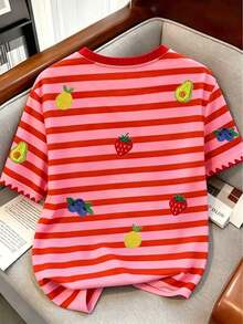 Camiseta de mujer con estampado de rayas y frutas / Casual diario / Verano - Amarillo - Ver 5