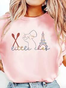 Camiseta casual de manga corta para mujer, ideal para vacaciones de verano, con un dibujo del ratón Remy usando un gorro de chef, combinada con una camiseta holgada con motivos de cuchara cruzada y la Torre Eiffel de París. Ropa de moda para mujer, primavera/verano. - Blanco - Ver 9