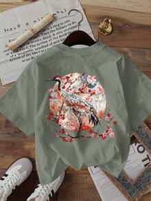 Limited Edition[Double-Sided Print] Summer Casual Women'S Top, Japanese Style Crane And Cherry Blossom Printed Round Neck Short Sleeve-Shirt [ 1]Lightweight Cotton - 綠色 - 查看 4