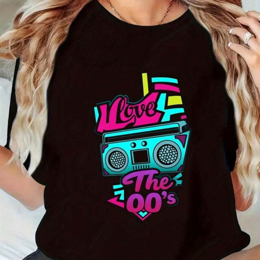 Ropa Curvy En Oferta Y Camiseta Con Estampado De Radio Musical TrendyY2K, Unisex, Negra, De Manga Corta, Estilo Retro De Los 2000, Casual, Estilo Urbano De Verano, Corte Holgado, OpcióN Perfecta Para Las Vacaciones, Tallas S-3XL, Adecuada Tanto Para Hombres Como Para Mujeres. Camisetas Para Mujer Y2K - Negro - Ver 1