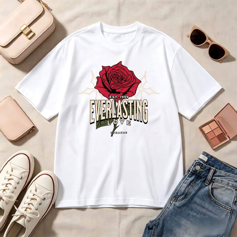 Retro Rose Everlasting Love, 100% Cotton Oversized Soft Breathable Casual Crewneck Short Sleeve Top, Romantic Vintage Streetwear Summer Vibes Aesthetic - 白色 - 查看 1