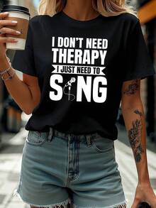 Camiseta Casual de Manga Corta con Cuello Redondo para Mujer, con Estampado de Música y Texto Divertido, para Primavera-Verano, para Salidas Diarias - Negro - Ver 8