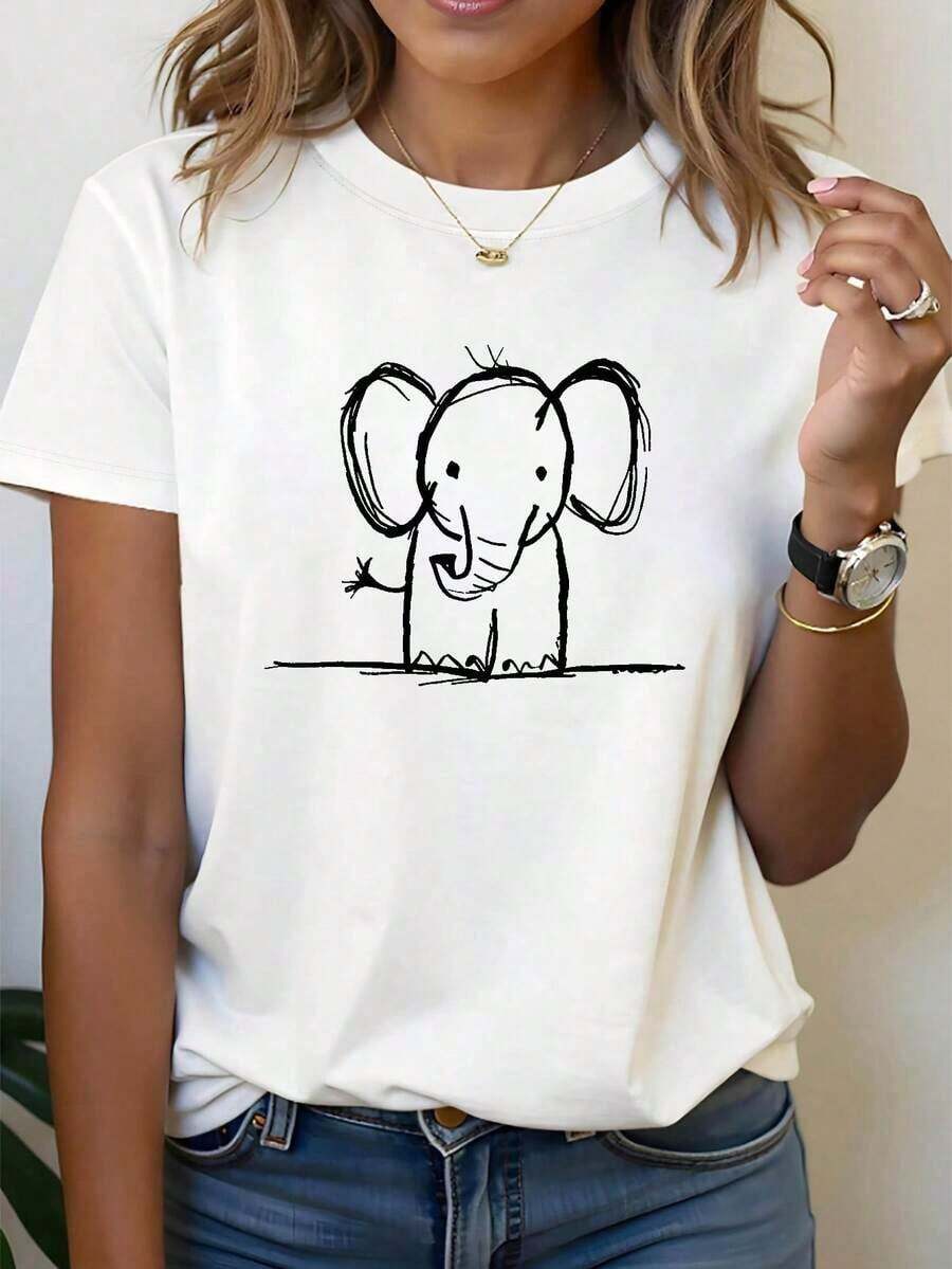 100% cotton Camiseta de manga corta para mujer con cuello redondo y estampado minimalista de elefante al viento, ideal para primavera y verano, perfecta para salidas informales, regalos de vacaciones y reuniones con amigos. - Blanco - Ver 1
