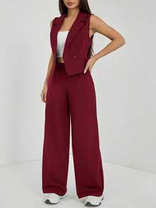 de 2 piezas de ropa de otoño, top sin mangas y pantalones de unicolor para mujer - Burdeos - Ver 6