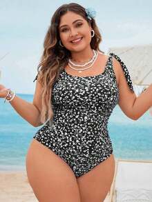 1 pieza Traje de baño de una sola pieza con fruncido de unicolor, estilo de vacaciones en la playa de verano para tallas grandes - Blanco y Negro - Ver 6
