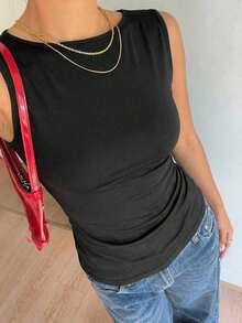 Blusa social sin espalda, tops de verano para mujeres de unicolor, cuello redondo, sin espalda, casual, versátil, camiseta diaria, tops sin espalda para mujeres, tops con espalda abierta para mujeres, tops sin espalda para el verano - Negro - Ver 4