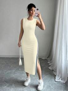 Vestido largo con abertura lateral decorativa de cinta bicolor negro y blanco de cuello redondo para mujeres - Amarillo claro - Ver 5