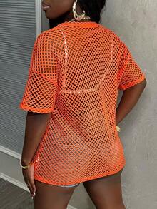 Camiseta de mujer de manga corta, versátil, sexy y casual, de malla de ganchillo suelta, para festival de música - Naranja - Ver 2