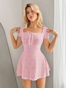 Vestido corto casual de unicolor con cuello cuadrado y manga corta en estilo Y2K para mujer, color blanco - Rosa - Ver 1