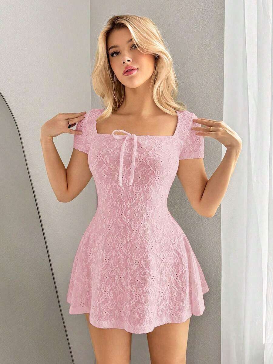 Vestido corto casual de unicolor con cuello cuadrado y manga corta en estilo Y2K para mujer, color blanco - Rosa - Ver 1