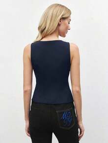 Blusa de un solo pecho de unicolor, versátil y casual para uso diario - Azul marino - Ver 4