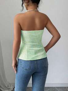 Top corto ajustado de verano para mujer con textura rosa, con detalle de botón de perla - Verde 2 - Ver 2