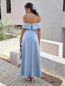 Vestido de mujer de unicolor con hombros descubiertos, nuevo vestido largo elegante y ajustado sin espalda para fiestas, uso diario y citas - Celeste - Ver 2