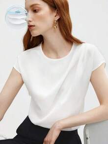 Blusa de mujer con mangas de murciélago asimétricas, de unicolor, estilo básico urbano de viaje, moda elegante y sencilla para negocios casuales, adecuada para maestras y uso en la oficina - Blanco - Ver 11