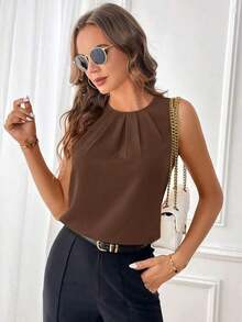 Clasi Blusa sin mangas con detalle de pliegues y escote de ojo de cerradura, blusas sin mangas - Café integral - Ver 4