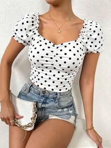 Camiseta corta fruncido delantero escote corazón de manga farol - Blanco y Negro - Ver 8