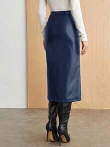 Falda con abertura alta de PU para mujer, atuendo de oficina casual urbano para ir al trabajo, vestimenta formal elegante para mujer en otoño - Azul marino - Ver 2