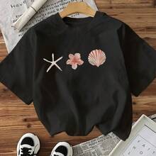 Set Of Short-Sleeved T-Shirts With A Crew Neck. Single Garment, Not A 3-Piece Set. 1 Piece/Set Of Short-Sleeved T-Shirts Suitable For Streetwear. Top Oversized Crew Neck, Suitable For Daily Outings, Camping, Concerts, Hip-Hop, Rock, And Rap Events. Round Neck, Floral Print, Starfish And Shells, Casual And Summery Style, Versatile And Suitable For Wearing At The Beach Or On Vacation. - 黑色 - 查看 2